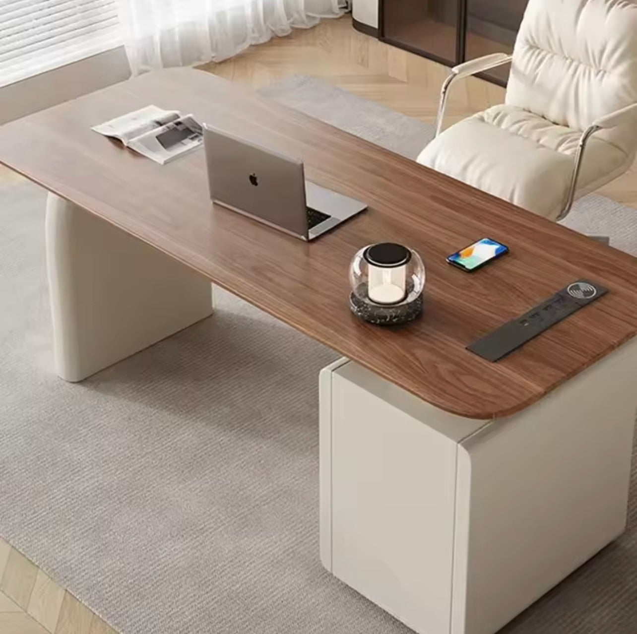 Walnut Wood Executive Desk with Storage Drawers & Built-In Charging