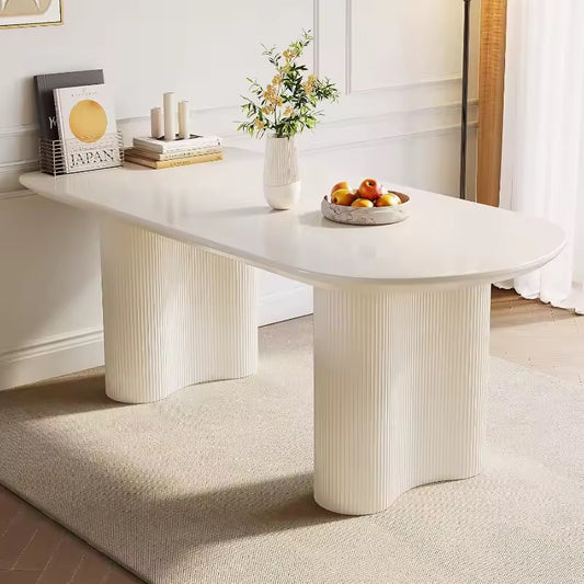 White Oval Dining Table with Ripple Legs, Modern 63” Table for 4–6