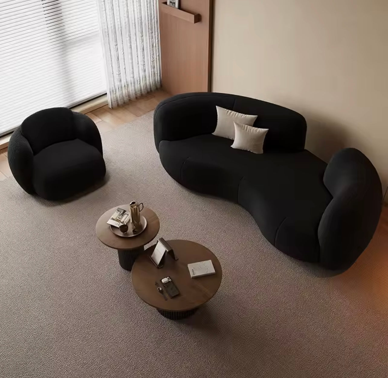 Modern Upholstered Curved Lambwool Sectional Sofa, Black