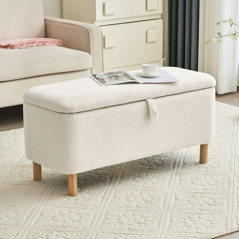 White Upholstered Entryway Storage Ottoman Bench