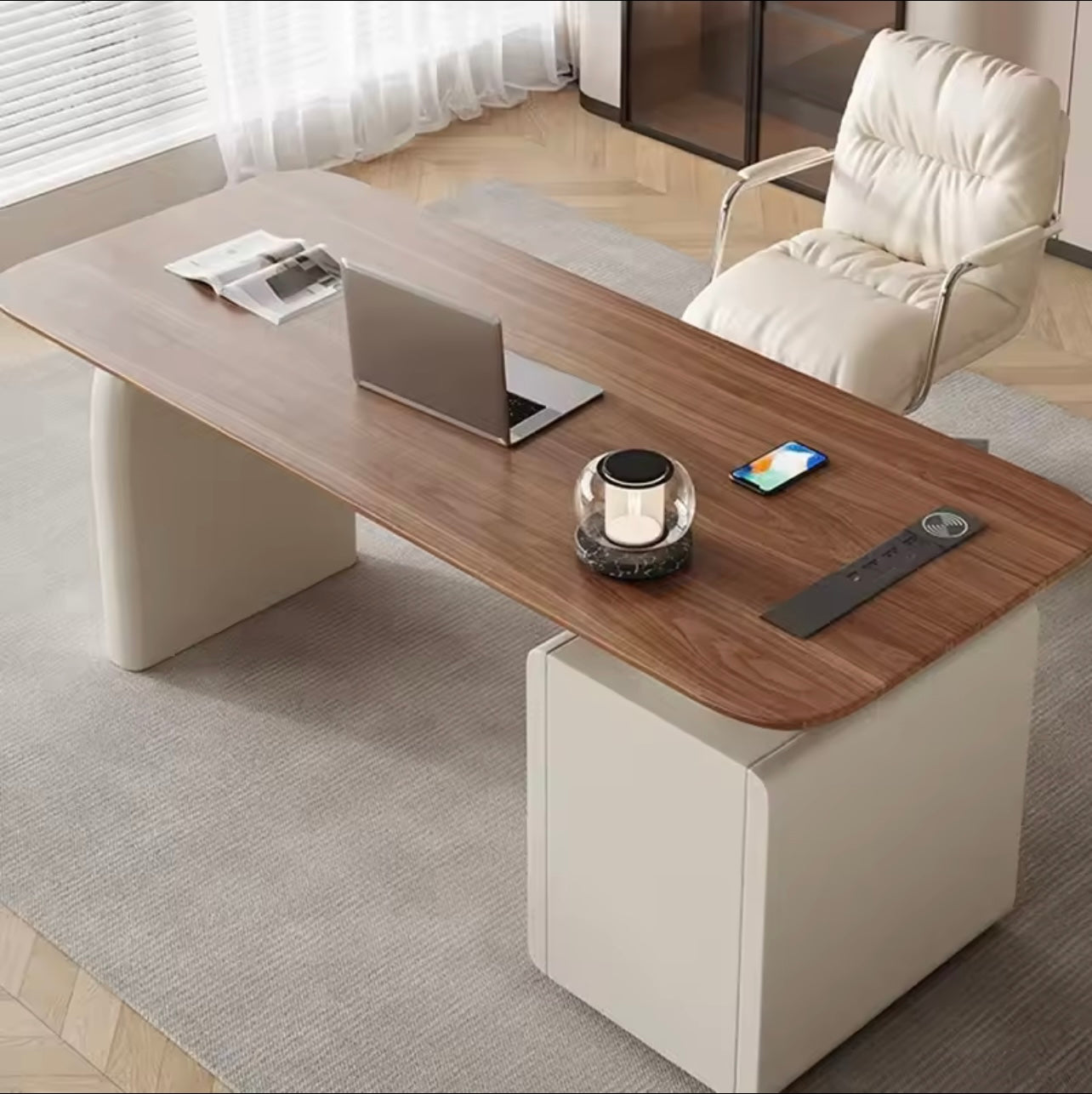 Walnut Wood Executive Desk with Storage Drawers & Built-In Charging