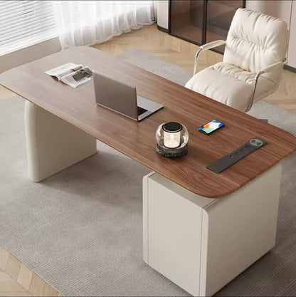 Walnut Wood Executive Desk with Storage Drawers & Built-In Charging