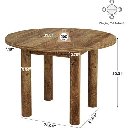 39” Round Farmhouse Dining Table, Rustic Brown Wooden Table for 4