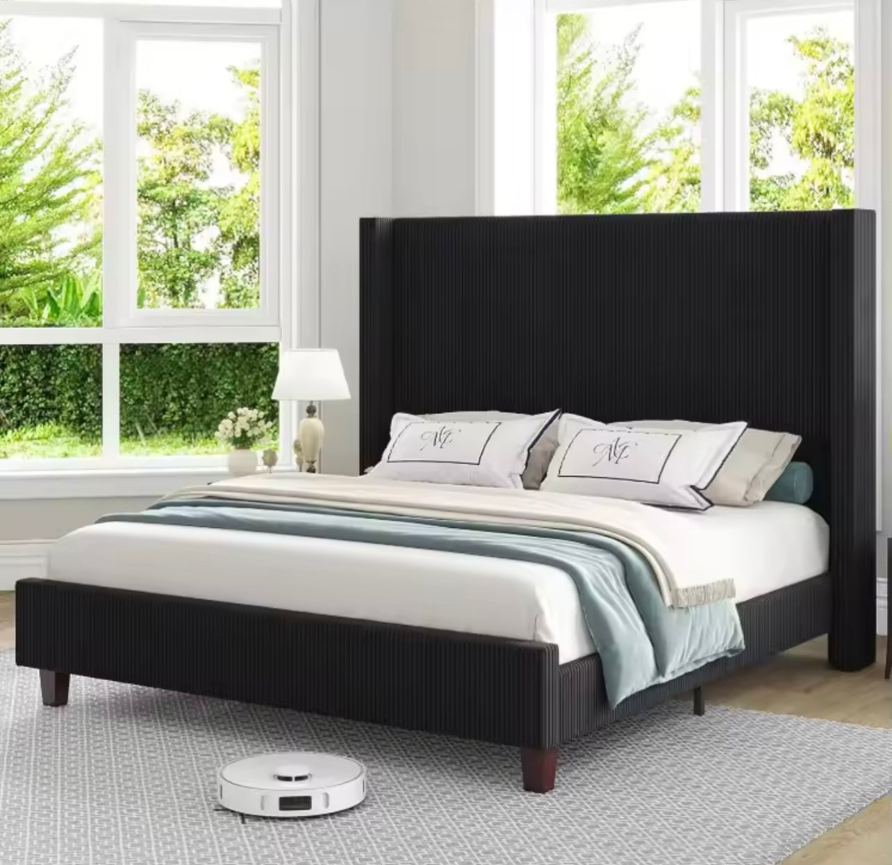 King Size Corduroy Upholstered Bed with Vertical Wingback Headboard