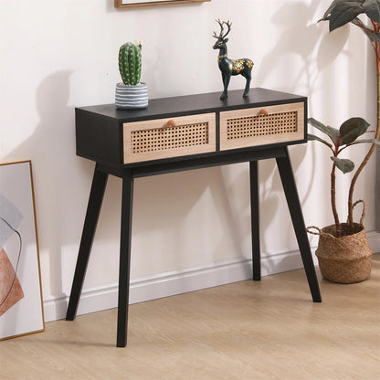 Rattan Side Table, Black Entryway Console with Storage