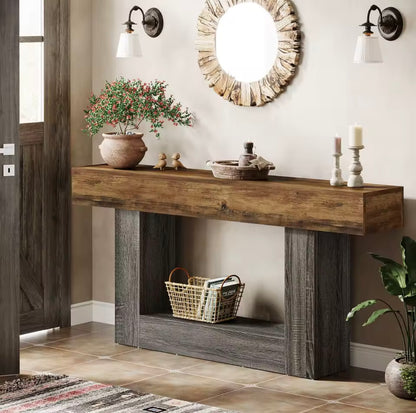 63” Farmhouse Console Table with U-Shaped Base and Lower Shelf