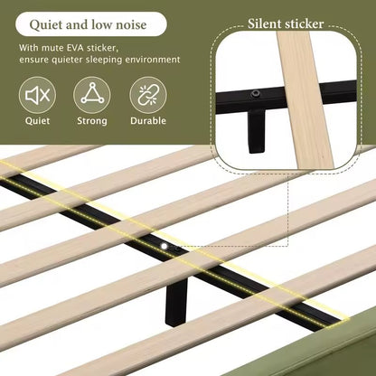 Olive Green King Size Velvet Platform Bed with Tufted Curved Headboard