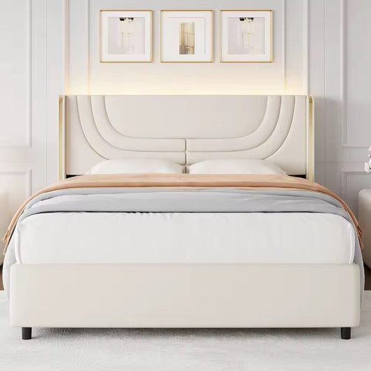 Upholstered Faux Leather Bed Frame with LED Wingback Headboard