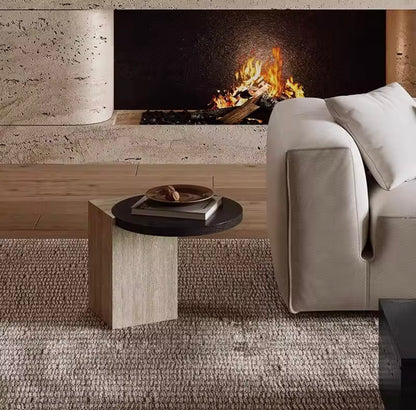 Solid Wood & Roman Cave Stone Coffee Table with Rounded Corners