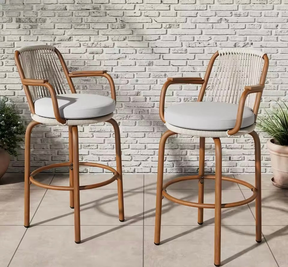 29” Rattan Outdoor Patio Bar Stools with Wood Grain Frame, Set of 2