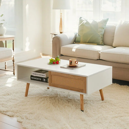 41" Modern White Rattan Coffee Table, Solid Wood Sofa Table