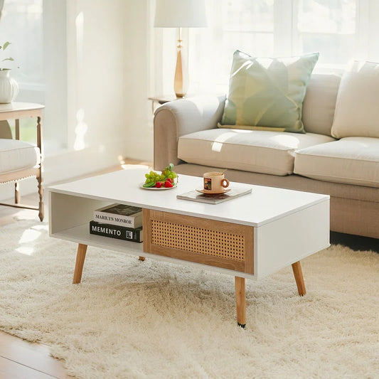 41" Modern White Rattan Coffee Table, Solid Wood Sofa Table