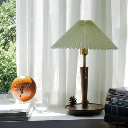 Mid Century Solid Wood Walnut Pleated Lamp