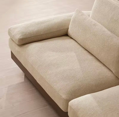Beige Cotton and Linen French Minimalist Sofa with Walnut Base
