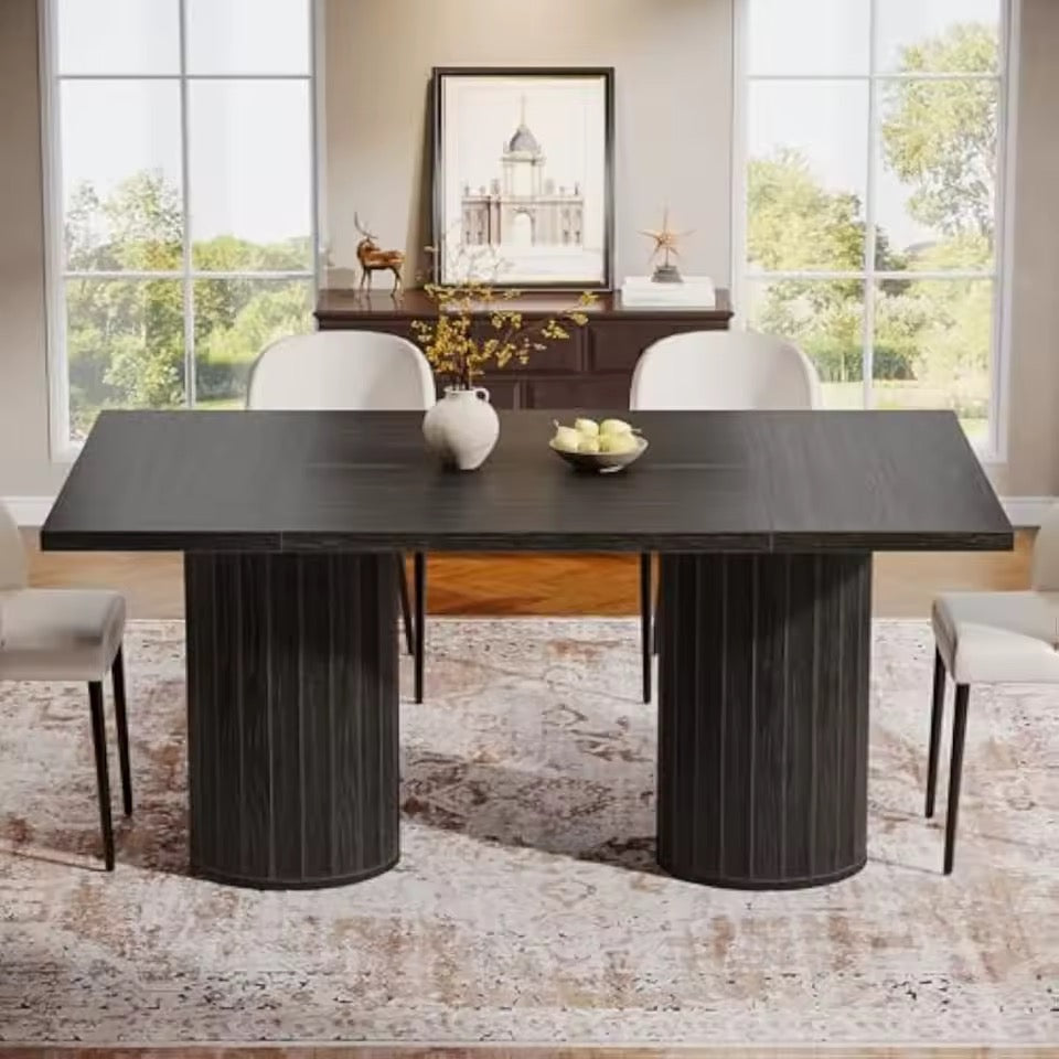 63” Modern Rectangular Dining Table with Cylindrical Base, Seats 6
