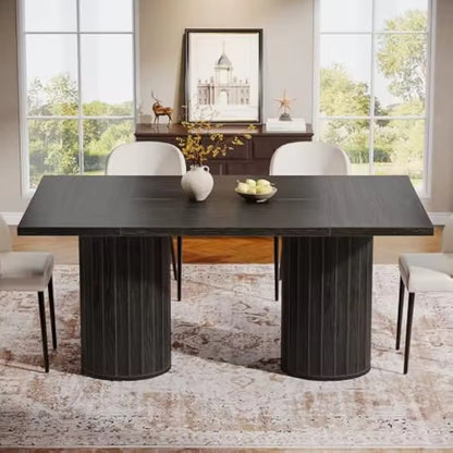 63” Modern Rectangular Dining Table with Cylindrical Base, Seats 6