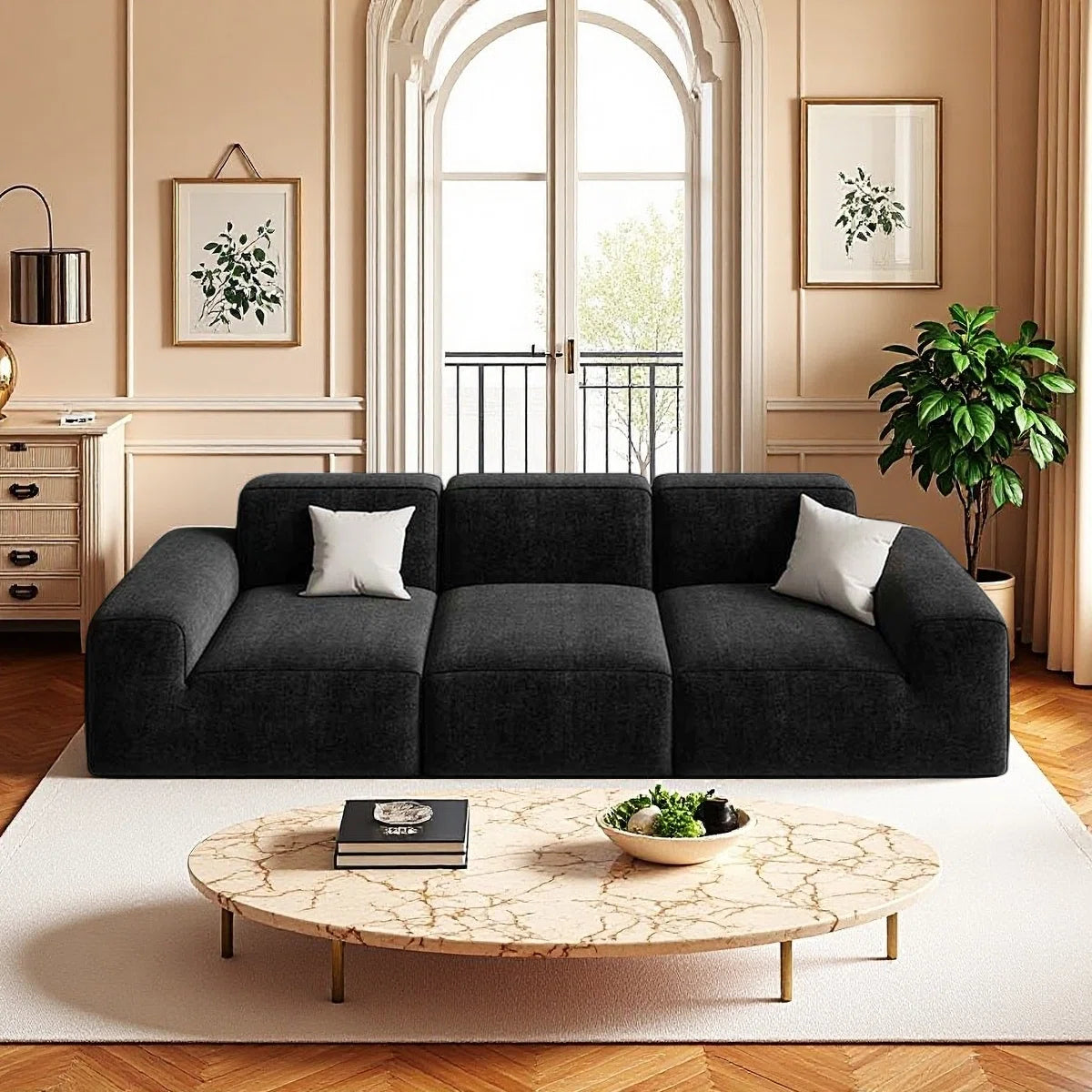 Black Chenille Velvet Sofa, Modular 2-4 Seater with Ergonomic Design