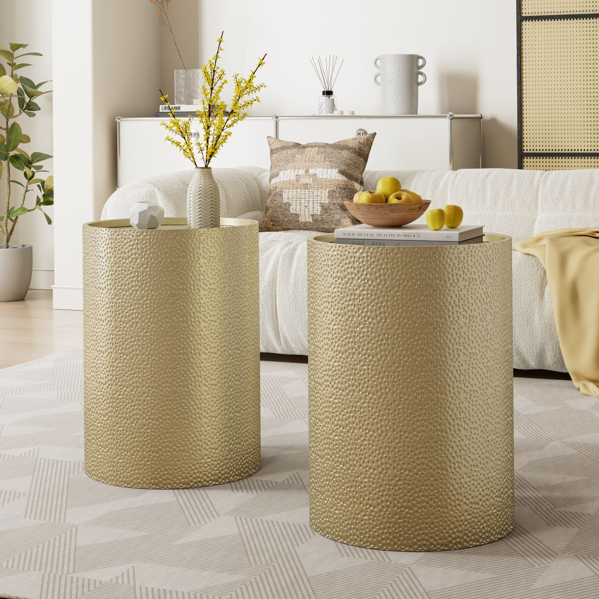 Set of 2 Gold Side Tables, Accent Table with Hammered Surface