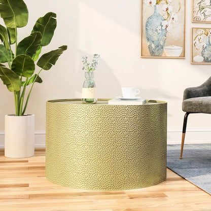 Metal Round Coffee Table, Gold Accent Table with Hammered Surface