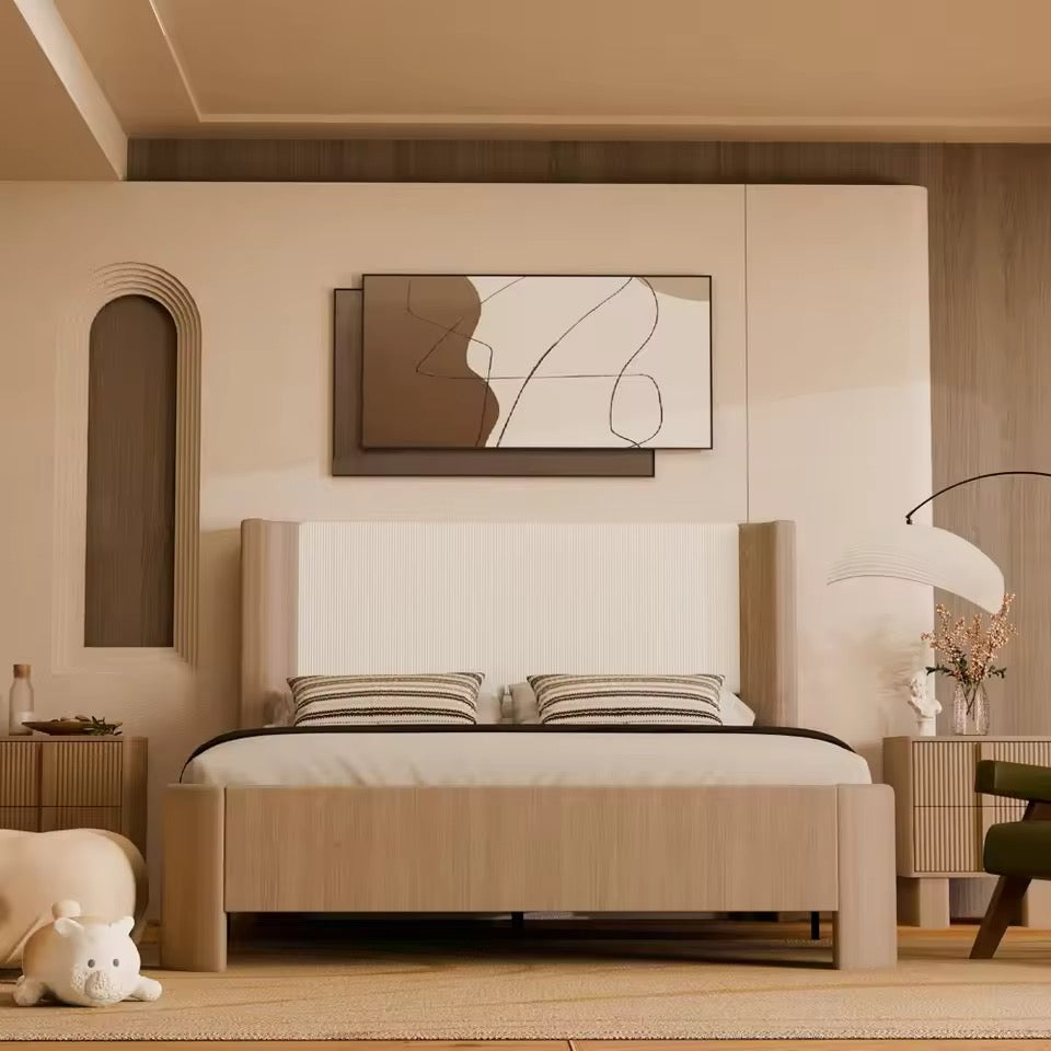 Natural Oak Queen Size Upholstered Bed Integrated LED Lighting