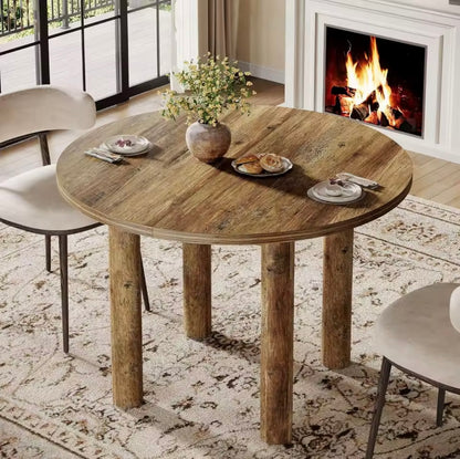 39” Round Farmhouse Dining Table, Rustic Brown Wooden Table for 4