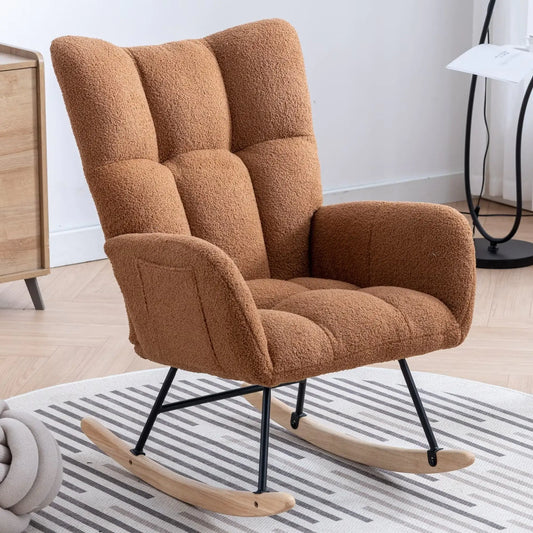 Teddy Fabric Wingback Rocking Chair with Solid Wood Base