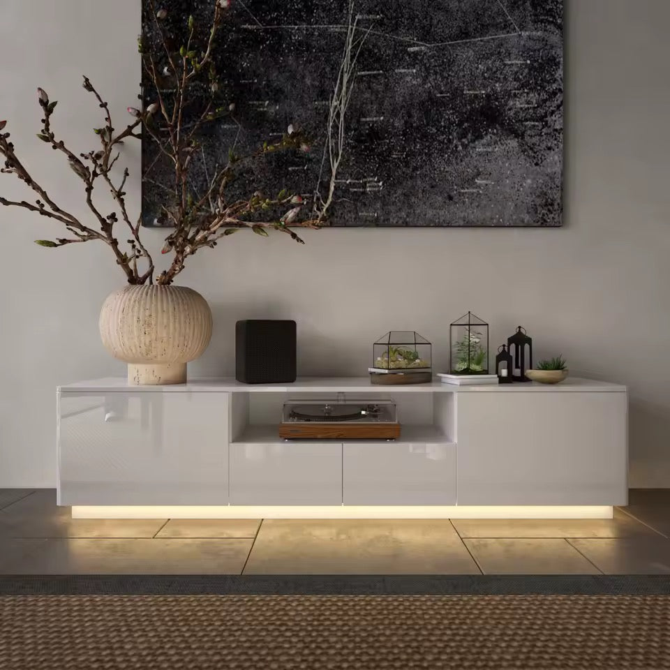 70.8” LED TV Stand with 4 Drawers, High-Gloss Media Console