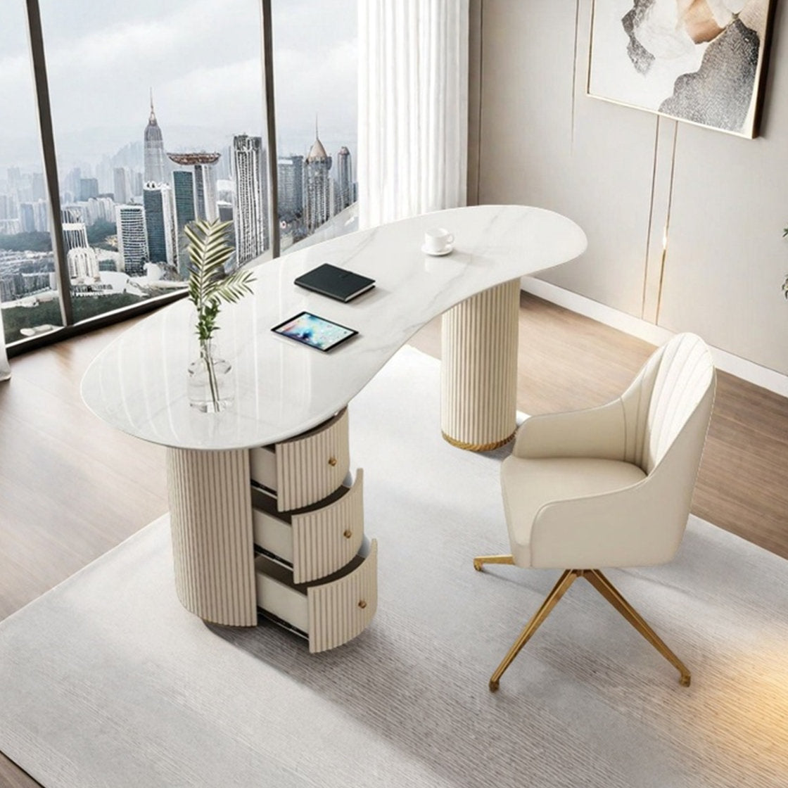 Italian Rock Slab Desk with Drawers and USB Ports, White