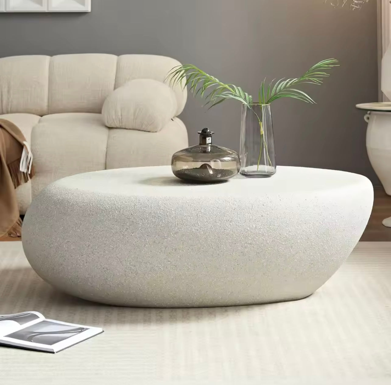 43.3” Oval Coffee Table, Modern Matte Rocks Fiberglass Center Table