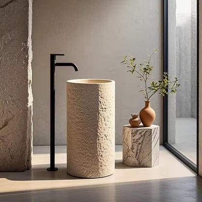 Beige Marble Pedestal Sink, Hand-carved Freestanding Basin