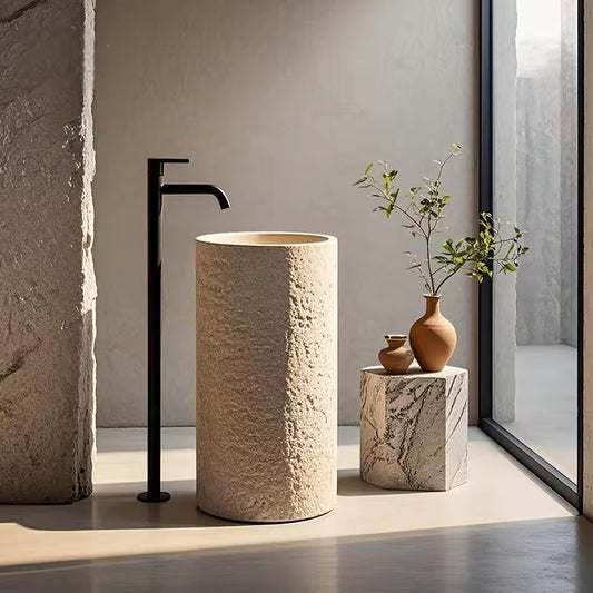 Beige Marble Pedestal Sink, Hand-carved Freestanding Basin