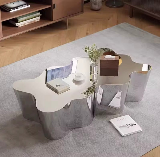 Silver Stainless Steel Free Form Abstract Coffee Table