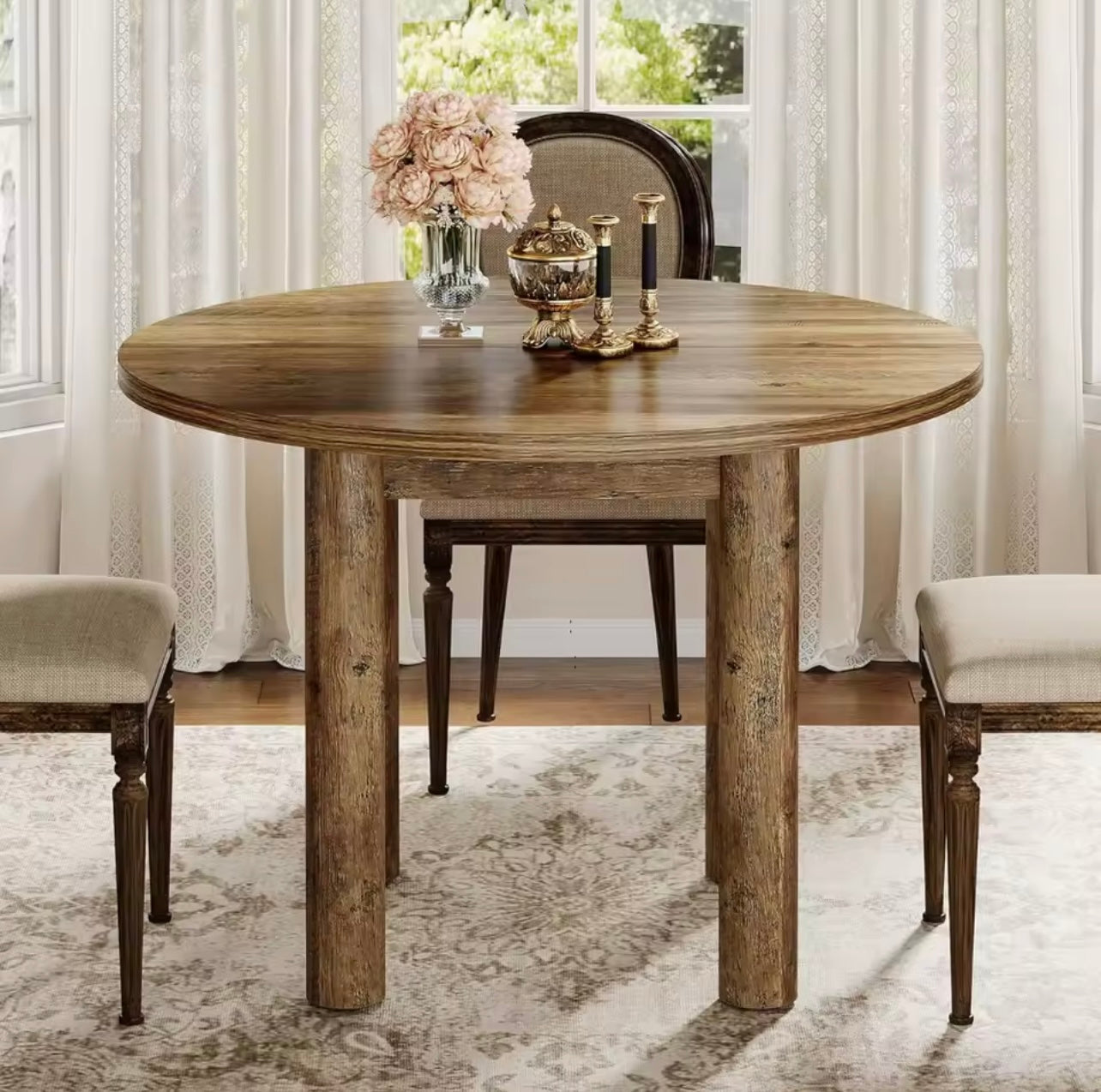 39” Round Farmhouse Dining Table, Rustic Brown Wooden Table for 4