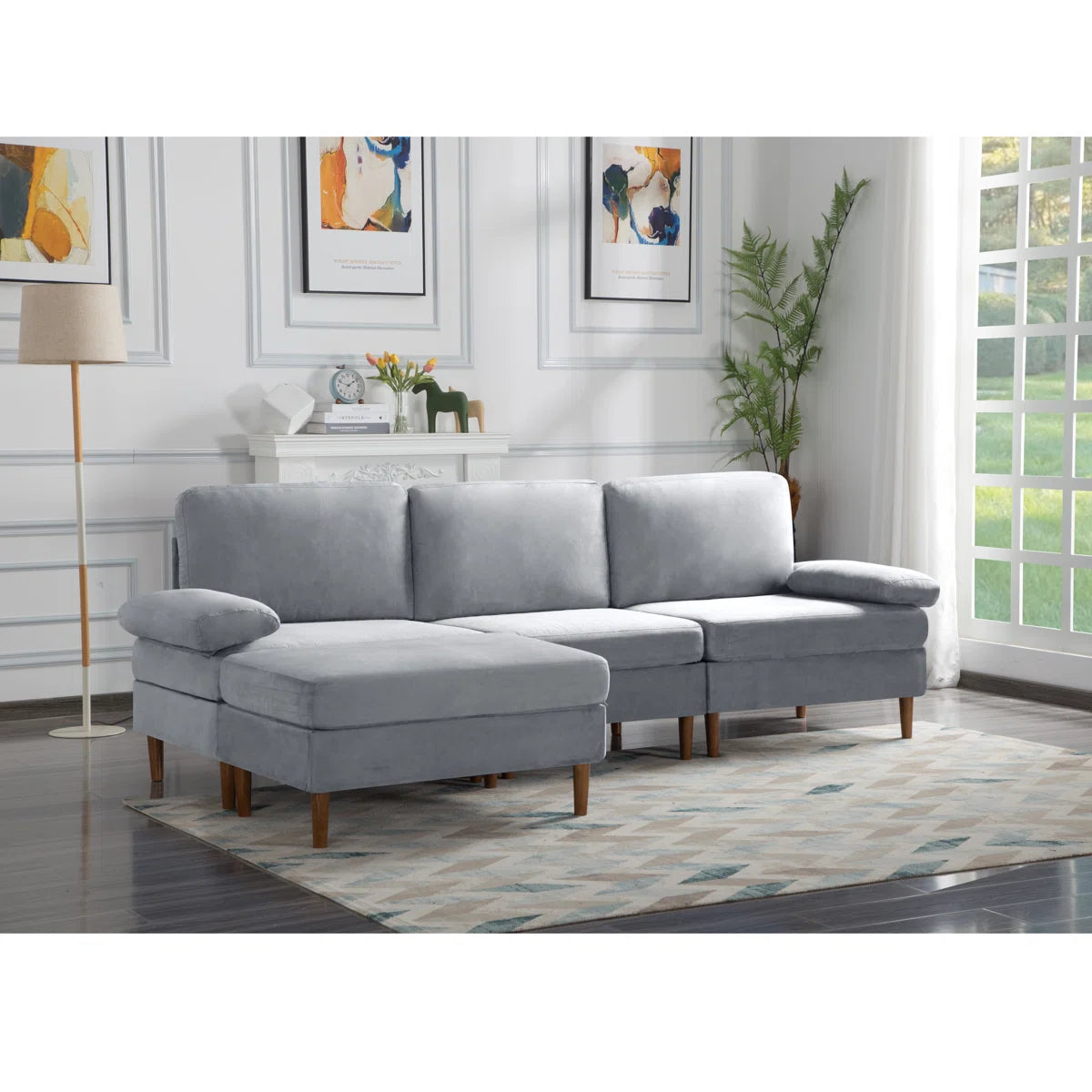 102" Gray Modular Velvet Sectional Sofa with Ottoman
