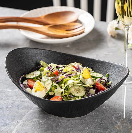 Black Oval Ceramic Salad Bowl Set