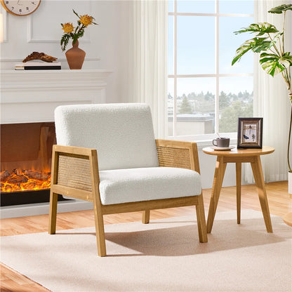 Ivory Boucle Accent Chair, Modern Rattan Chair for Living Room