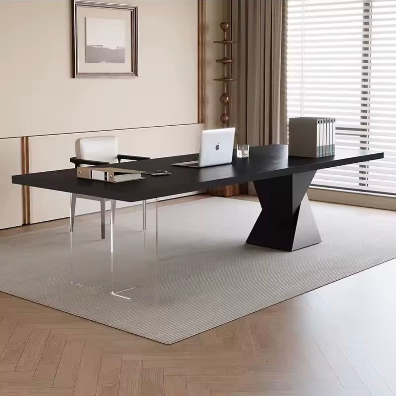 Modern Black Wooden Office Desk with Acrylic Leg Design