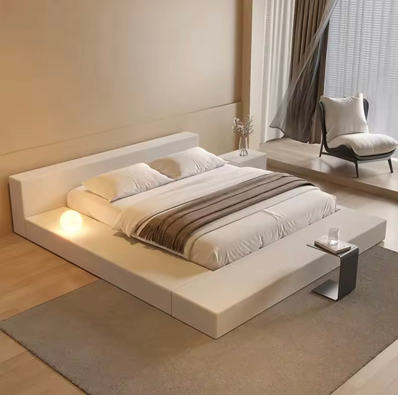 Beige Minimalist Cotton & Linen Upholstered Platform Floor Bed