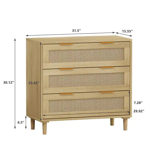 Modern 3 Drawer Rattan Storage Cabinet, Oak Bedroom Dresser