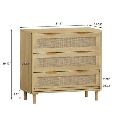 Modern 3 Drawer Rattan Storage Cabinet, Oak Bedroom Dresser