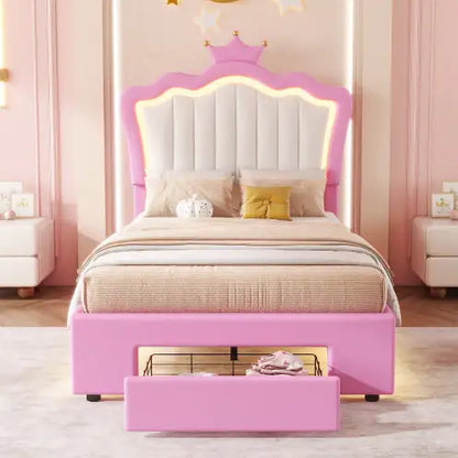 Pink Bed for Girls Bedroom with LED Headboard - Twin Bed Frame