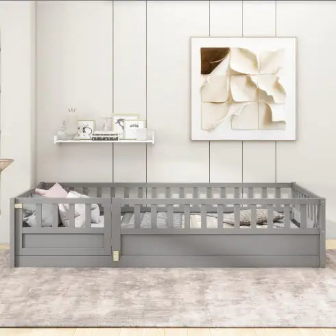 White Montessori Floor Bed, Toddler Bed with Safety Rails and Door