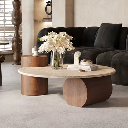 Solid Wood & Travertine Rounded Coffee Table