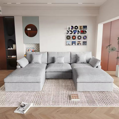 120” L-Shaped White Sectional Sofa, Modular Couch with Ottoman