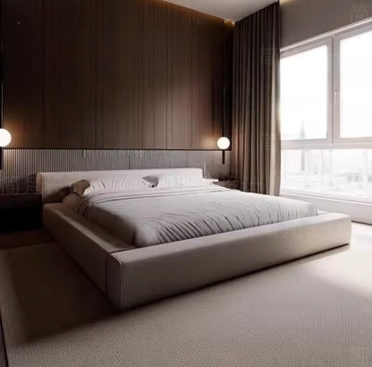 Italian Minimalist Cotton-Linen Bed with Solid Wood Frame