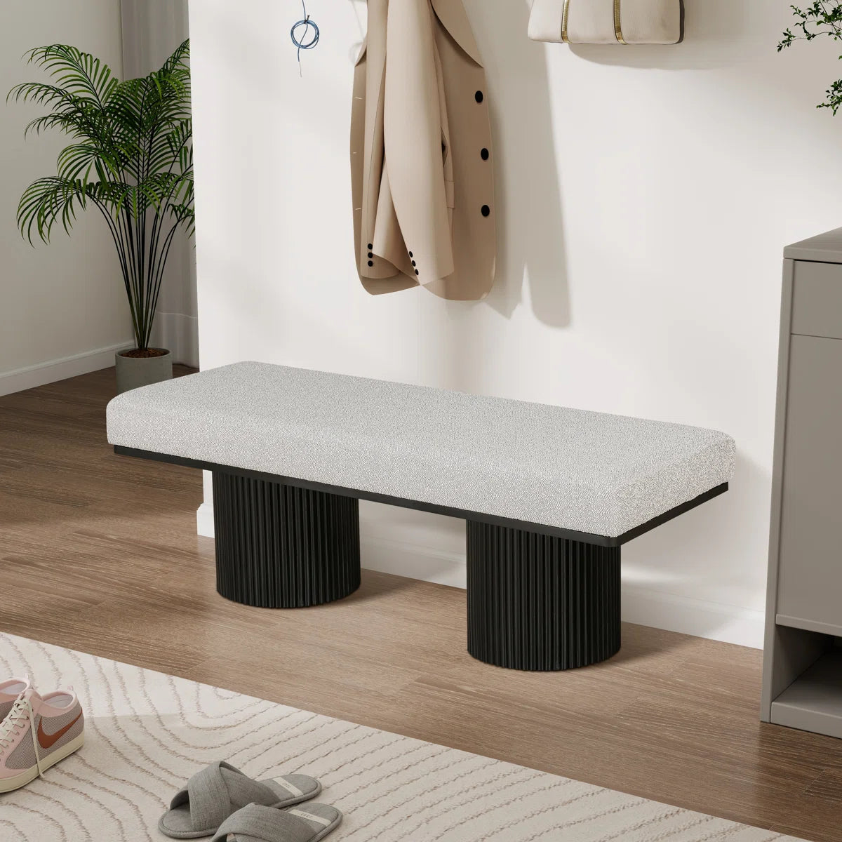 Light Grey Bouclé Upholstered Bedroom Bench