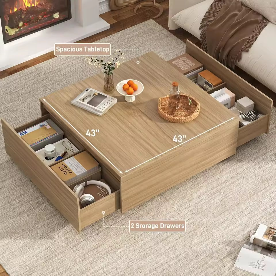 43” Solid Wood Square Coffee Table with Storage Drawers