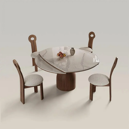 Modern Round Extendable Dining Table, Minimalist Walnut Wood Table