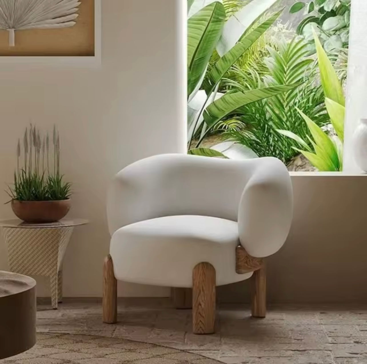 Solid Wood Cream Accent Chair for Small Spaces
