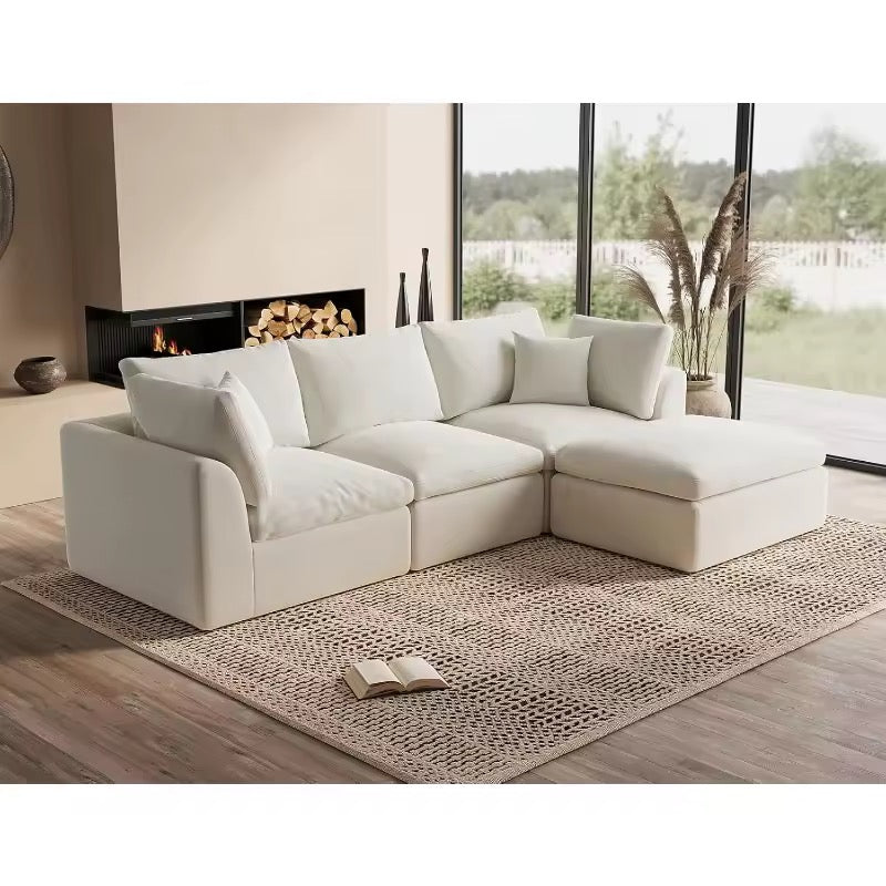 White Cloud Sofa, Convertible L-Shape Couch with Ottoman